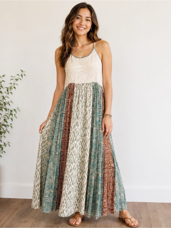 Oli & Hali Dresses & Skirts - Oli & Hali Eyelet Bohemian Mixed Print Panel MIDI Maxi Sun Dress Small Cottage